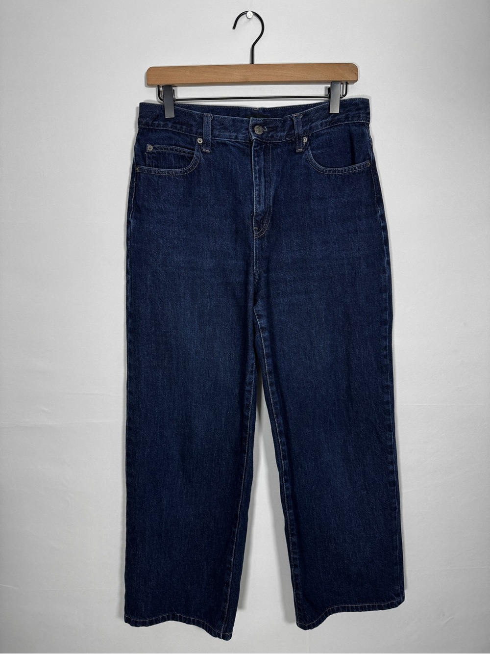 WJ424 {Uniqlo} Dark Blue High Rise Relaxed Loose Wide Straight Leg Denim Jeans